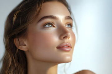 Naklejka premium A young woman with flawless, glowing skin gazing away with a serene expression. Ideal for beauty, skincare, wellness, and self-care promotional content and advertisements.