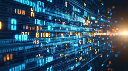 Blue digital stream with binary code and glowing light trails