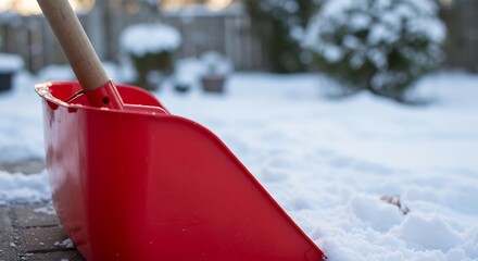 赤い雪かき、静かに雪をすくう冬景色