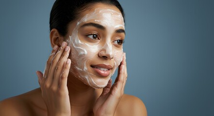 Woman washing her face with a gentle face wash cleanser for skincare and hydration. Healthy skin, beauty routine, and dermatology concept. Woman cleansing her face with a foaming face wash