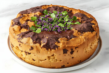 Chocolate swirl cake, herbs garnish, marble surface, food photography