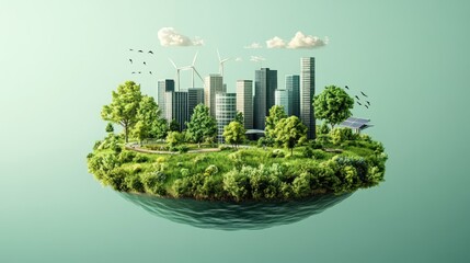 Sustainable city island, eco-friendly urban landscape, floating park, wind turbines