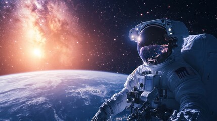 Milky Way rising above Earth's horizon, astronaut gear in foreground, showcasing cosmic wonder.