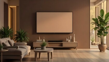 A blank TV screen on a brown wall, a wooden TV stand with plants on top, and a small table in the living room