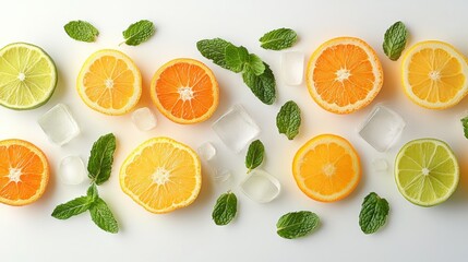 Citrus and Mint Slices with Ice on White Background