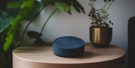 Smart speaker on wooden nightstand with plants