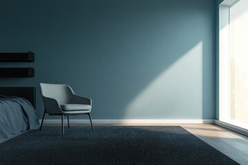 An empty room features a chair next to a window with sunlight