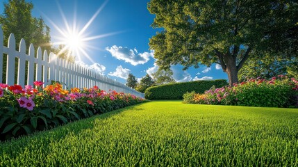 Obraz premium Green Lawn, White Fence, Flowers, Garden, Sunny Sky, Summer, Backyard, Tree, Nature