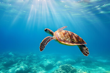 Obraz premium Turtle underwater, blue sea 