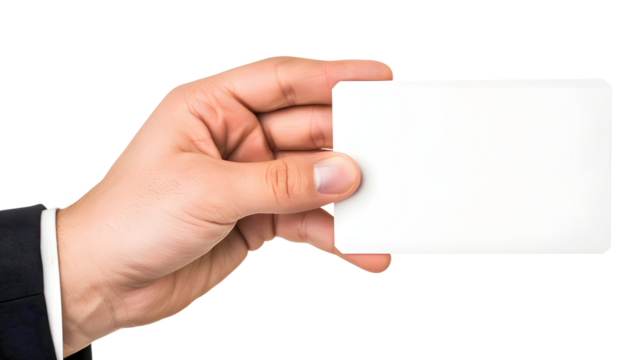 Closeup of hands holding and showing a blank business card isolated on transparent background, detailed photo, png 
