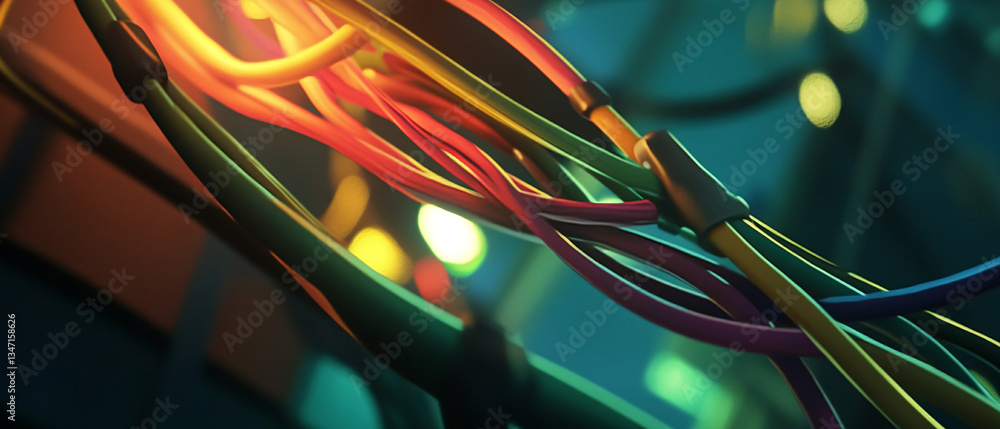 Poster vivid multicolor wires glowing in a futuristic tech environment with blurred lights in the backgroun