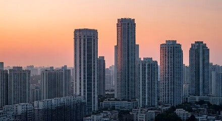 Fototapeta premium The sun rising behind a city skyline, with soft light illuminating tall buildings and the sky turning pink, AI Generated