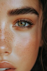 Fototapeta premium Close-up of a woman's face highlighting her eye, freckles, and natural makeup