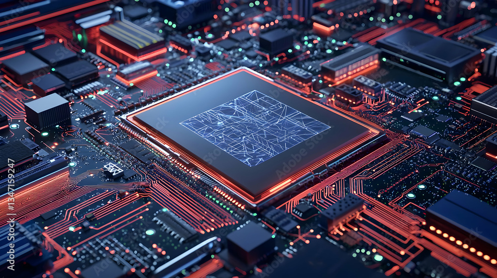 Poster complex circuit board with glowing central processor