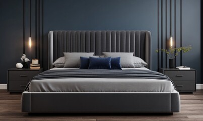 A modern bedroom featuring a bed with stylish dark tones