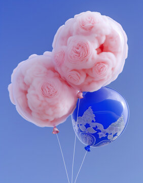 Two transparent balloons with pink rose-like fur textures and a deep blue decorative balloon float against the sky. A blend of surrealism and high-end design.