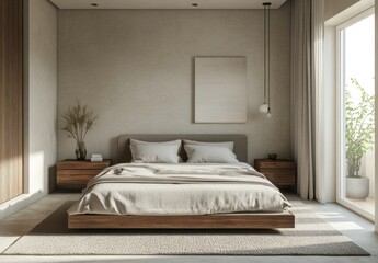 A modern bedroom with neutral tones and natural light