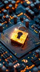 Digital Padlock on Blockchain Cube Representing Cybersecurity and Data Protection