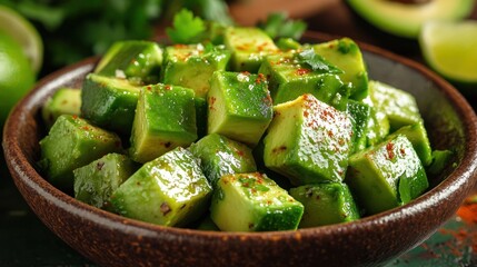 Fresh diced avocado in a bowl with herbs and lime, rustic wooden background