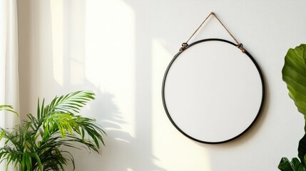 Empty round frame, sunlight, plants, white wall