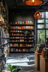 Fototapeta premium A cozy bookstore with wooden shelves filled with books and warm lighting