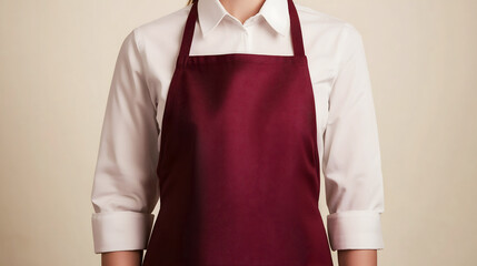 Empty burgundy apron on a female person wearing a white shirt against a beige background, copy space