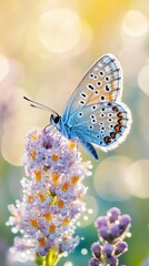 Fototapeta premium Butterfly's Gentle Embrace: A close-up of a stunning blue butterfly delicately perched on a lavender flower, its wings displaying intricate patterns, bathed in soft, natural light.