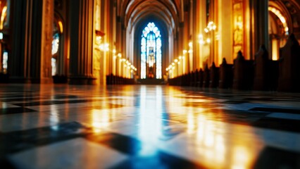 Majestic cathedral interior with reflective marble floor and warm lighting
