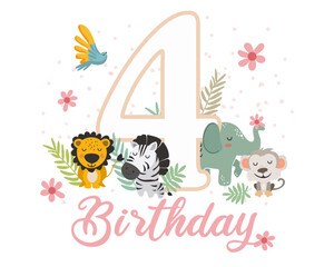 Cute Jungle Animals 4th Birthday Clipart. Vector illistration.