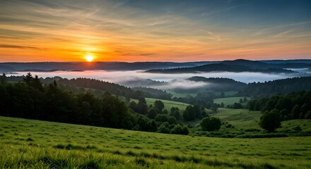 Obraz premium The sun rising behind distant hills, with a soft mist rolling over a lush green valley, AI Generated