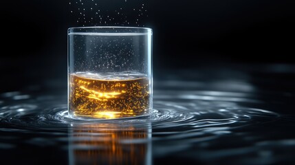 Amber liquid in a glass, reflecting on dark surface with ripples and bubbles