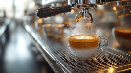 Modern coffee shop with barista preparing espresso at the counter