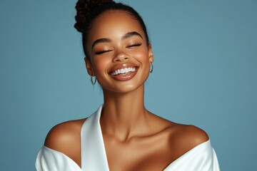 Beautiful woman in a white robe radiating joy against a serene backdrop Generative AI
