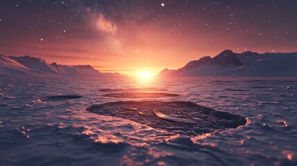 Ancient glacier with embedded fossils, glowing light symbolizing evolution, Earth landscape in soft focus.