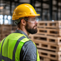 Fototapeta premium construction worker wearing yellow hard hat and safety glasses stands in warehouse, showcasing focused expression