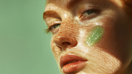 A close-up of red haired model face with radiant glowing skin with a translucent green gel applied to the cheek, product swatch, product application, copy space