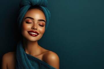 Woman enjoys a moment of relaxation with a towel wrapped around her head Generative AI