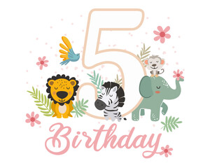 Cute Jungle Animals 5th Birthday Clipart. Vector illistration.