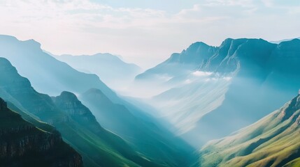 Majestic Mountain Vista: Captivating view of a majestic mountain range, enveloped in ethereal mist. The play of light and shadow across the landscape creates a sense of peace, serenity.