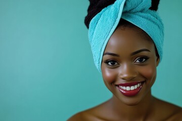 Smiling woman with a towel on her head radiates joy in a serene space Generative AI