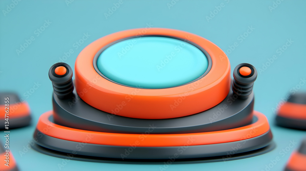 Poster abstract 3d render of geometric shapes: teal and orange button on black base