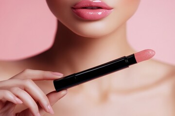 Captivating beauty moment with woman showcasing natural lips and lip product Generative AI
