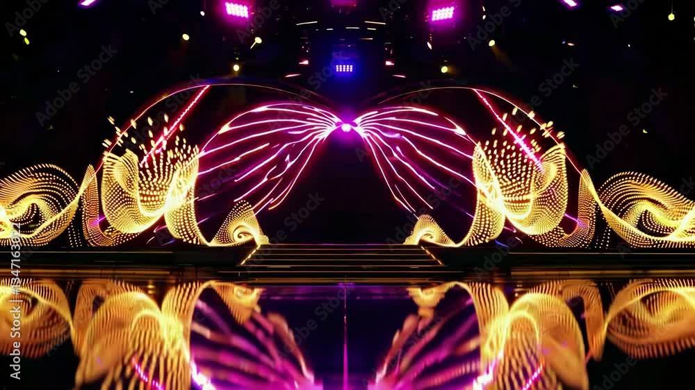 Poster vibrant light display with swirling patterns at a performance venue
