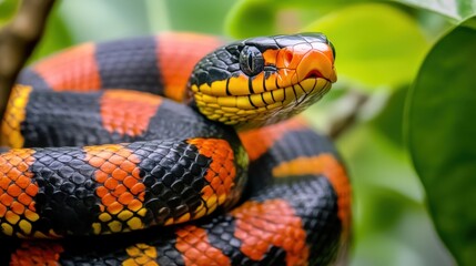 Obraz premium A colorful banded snake is coiled in a leafy environment