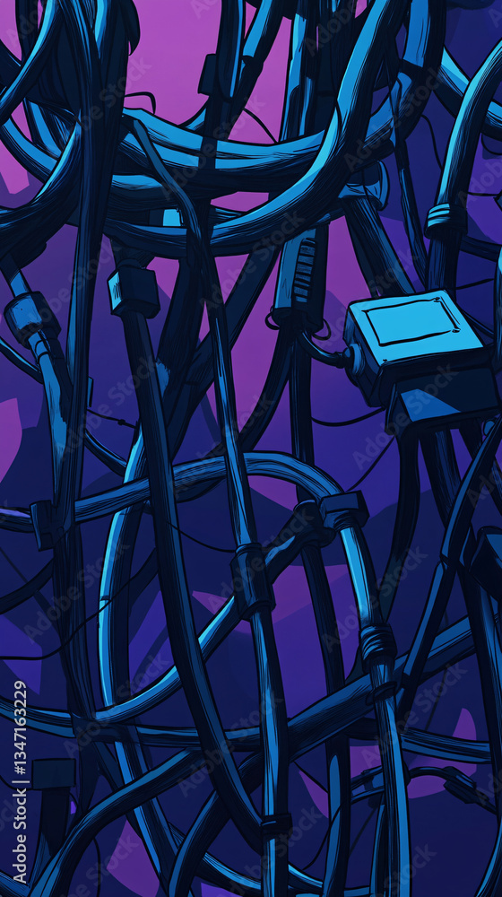 Aufkleber dark cables twisted and tangled together form a dense web against a moody purple background with a c