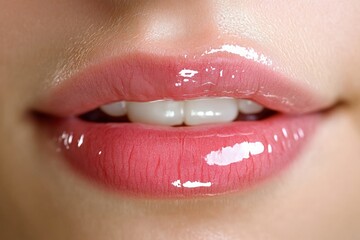 Young woman glowing with glossy lips expresses joy in a bright moment Generative AI