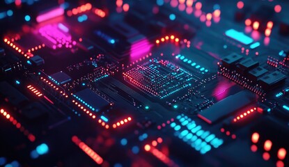 Fototapeta premium Close-up view of intricate circuit board with vibrant neon lighting. Detailed electronic components are densely packed, highlighting the complexity and advanced technology