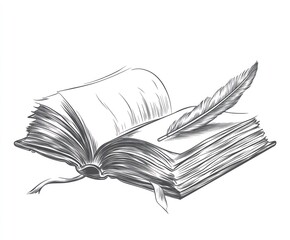 Vintage open book with feather pen