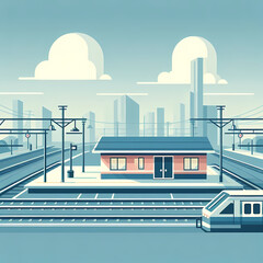 Flat vector illustration of a train station with a platform and tracks, featuring a minimalistic clean design, representing public transportation, travel, and city mobility.