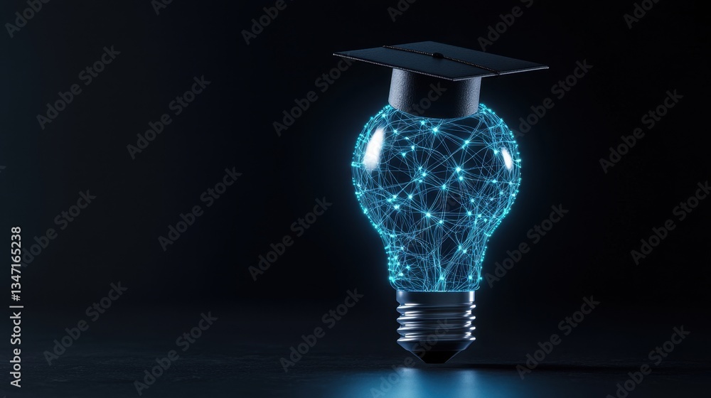 Poster a light bulb made of interconnected neural pathways with graduation cap on top, symbolizing technolo